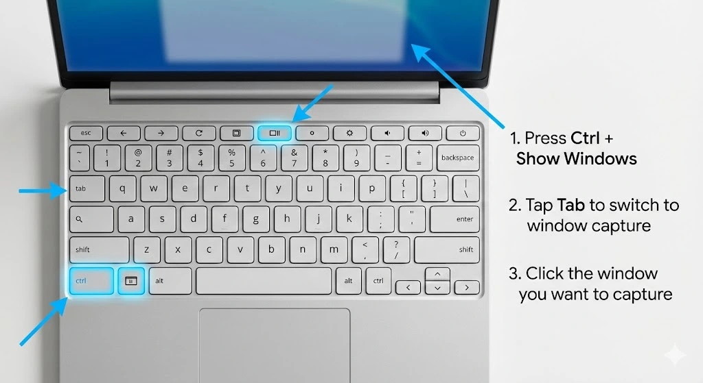 Chromebook Windows Screenshot shortcut Chromebook keyboard with the Show Windows key Press Ctrl + Show Windows Tap Tab to switch to window capture