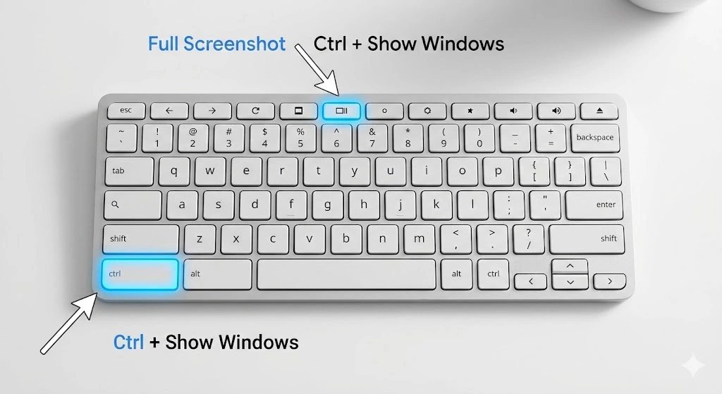 Full Screenshot Ctrl + Show Windows - Chromebook Shotcuts Chromebook keyboard with the Show Windows key Full Screenshot Ctrl + Show Windows
