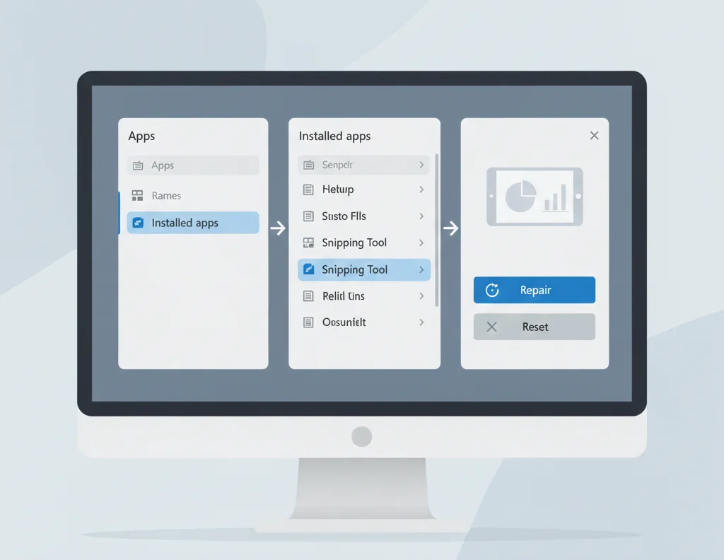 Illustration showing how to repair or reset Snipping Tool using Windows app settings