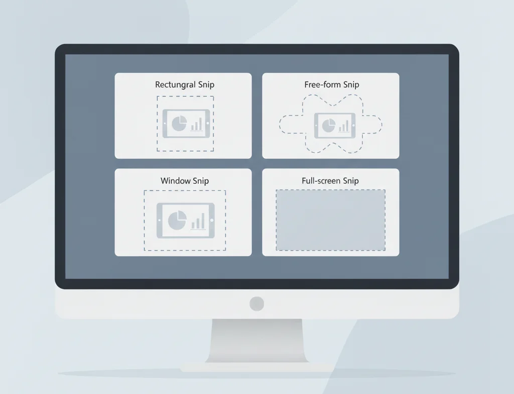 Illustration showing different Snipping Tool screenshot capture modes on Windows