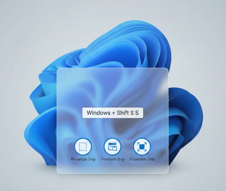 Snipping Tool keyboard shortcuts illustration showing Windows Shift S overlay
