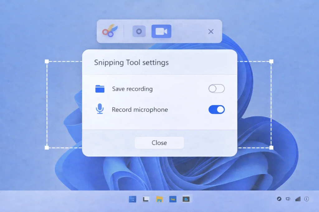 Snipping Tool screen record microphone audio settings in Windows 11