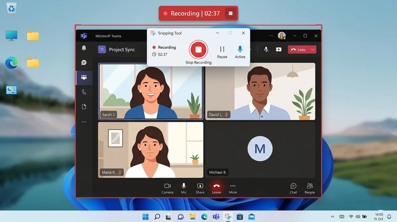 Recording an online meeting using the Snipping Tool screen recorder in Windows 11