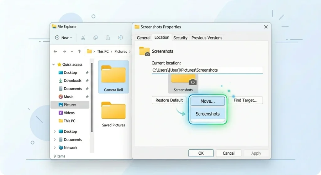 Change Snipping Tool save location using folder properties Windows