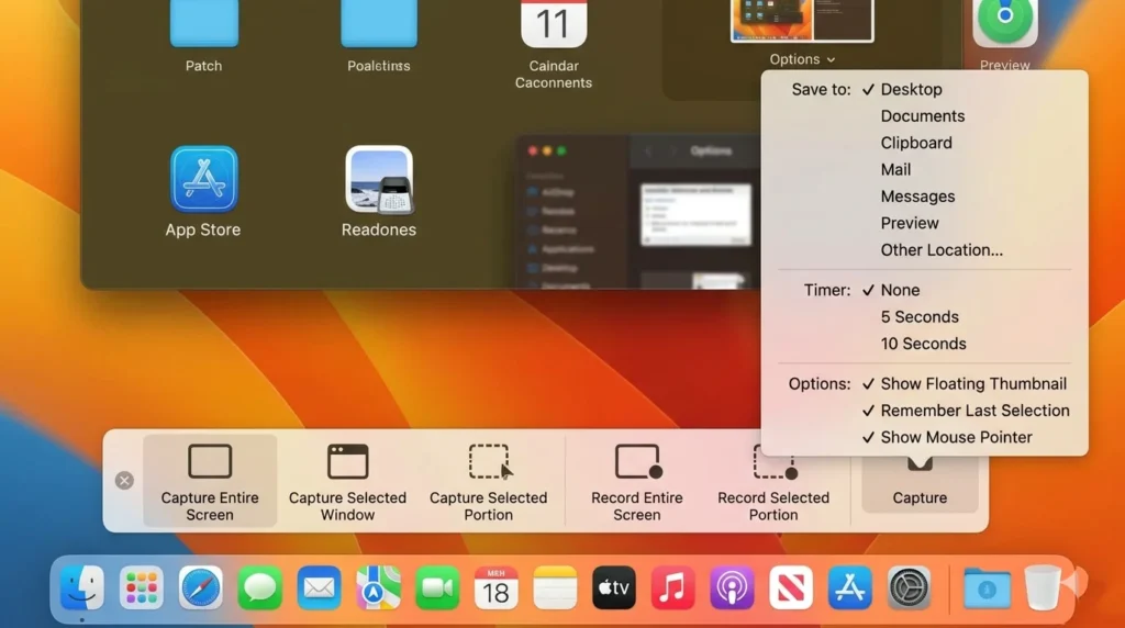 Mac screenshot toolbar interface with options menu