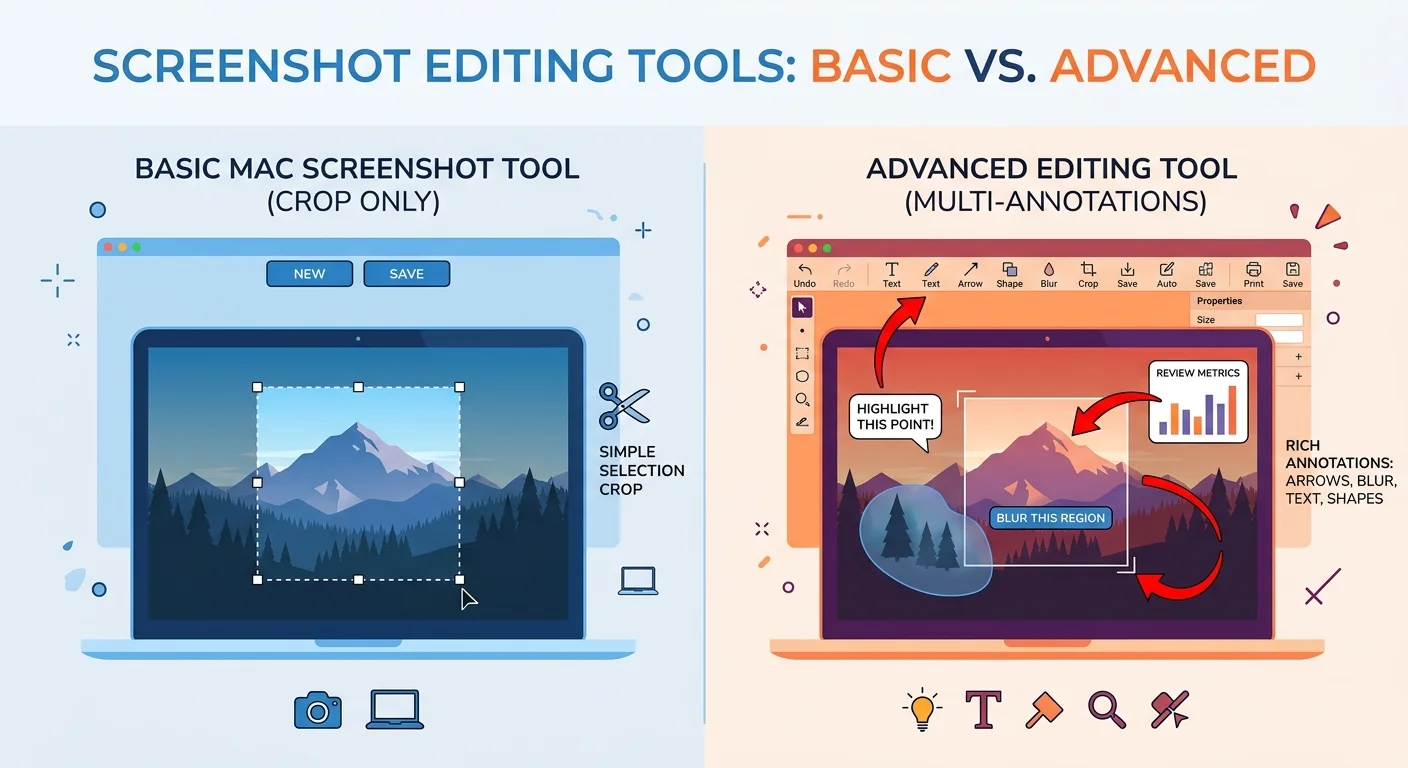 Comparison of basic Mac screenshot tool vs advanced screenshot editing tools