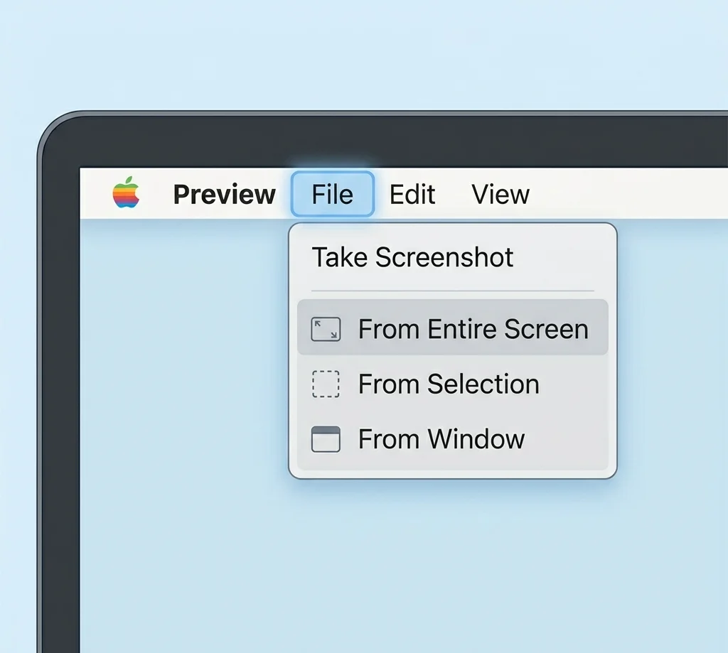 Preview app take screenshot menu options on Mac