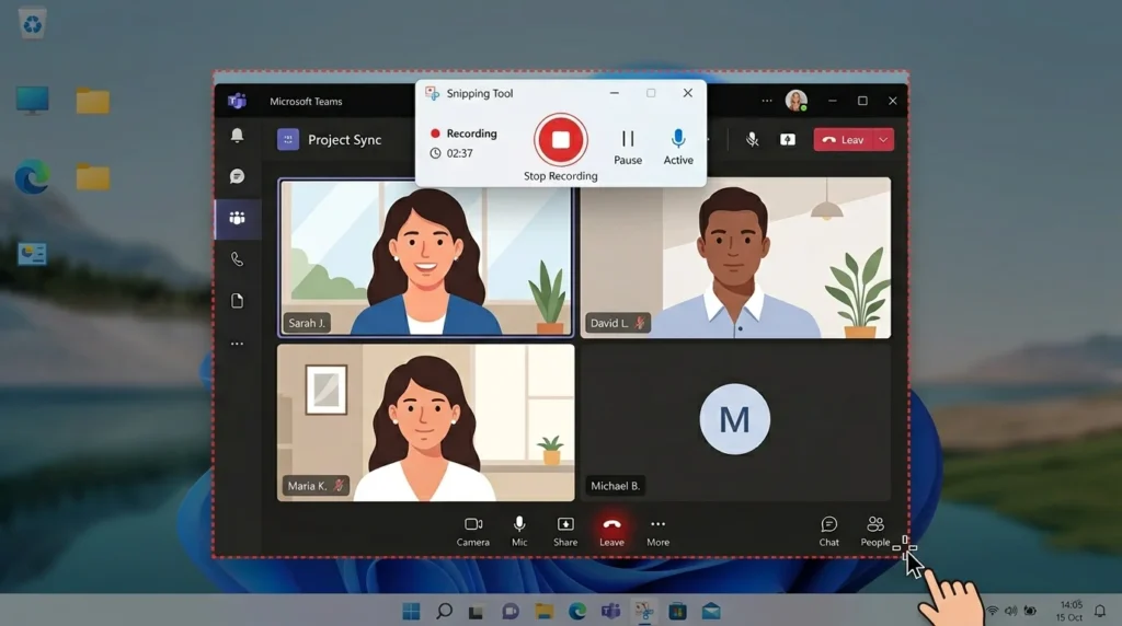 Selecting a meeting window area to record using Snipping Tool