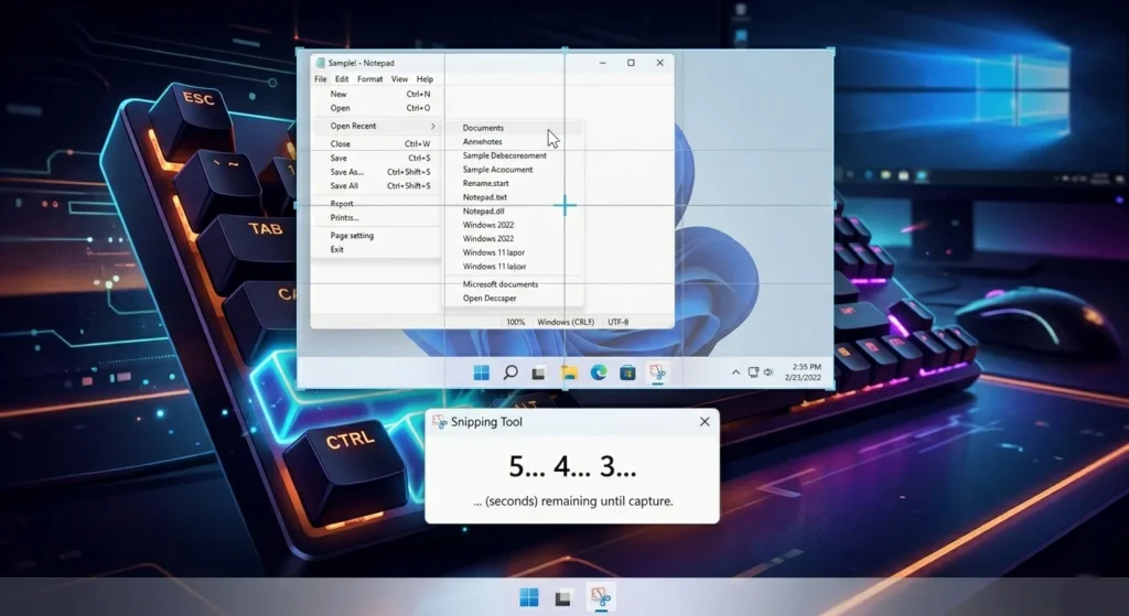 Snipping Tool delay feature capturing dropdown menu