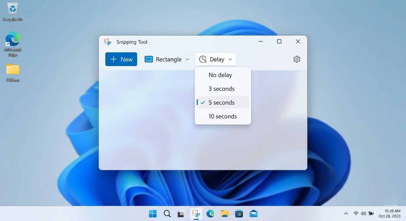 Snipping Tool delay feature showing timer and dropdown menu capture