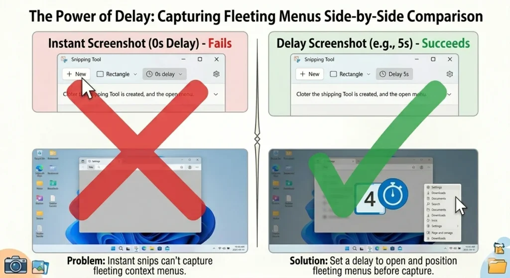 Comparison between delay screenshot and instant screenshot in Snipping Tool