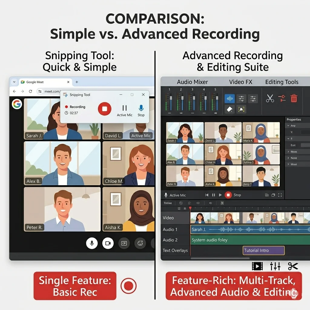 Limitations of Snipping Tool screen recording compared to advanced recording software