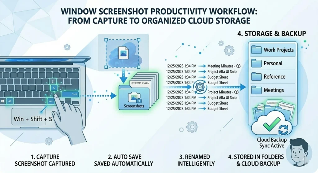 Snipping Tool screenshot management workflow with auto save and organization