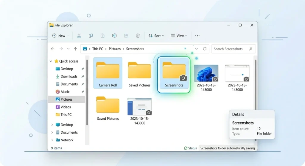 Snipping Tool screenshots saved in Pictures Screenshots folder Windows