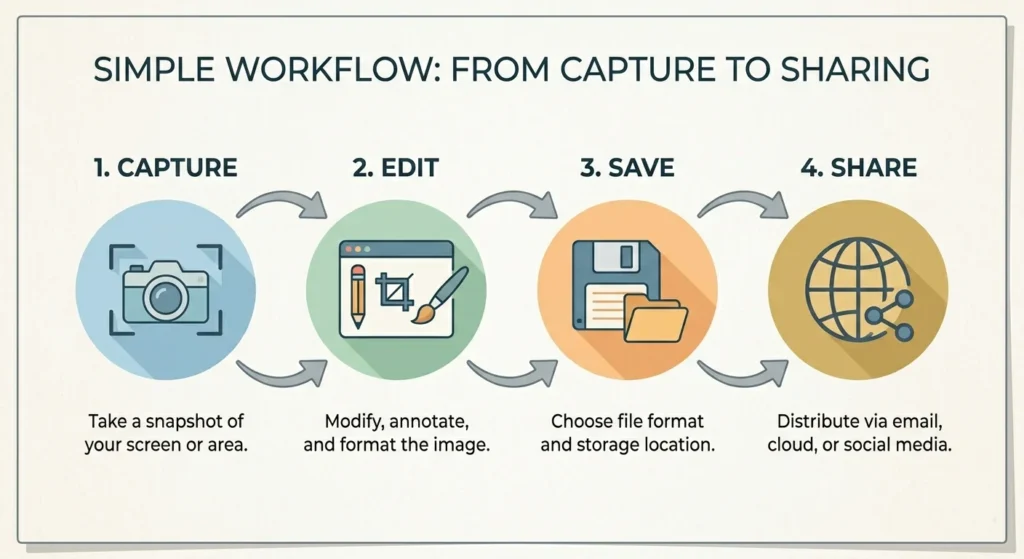 Snipping Tool workflow capture edit save shareSimple workflow for using Snipping Tool efficiently