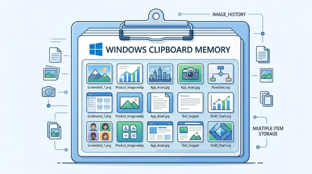 Windows clipboard storing copied screenshots and images