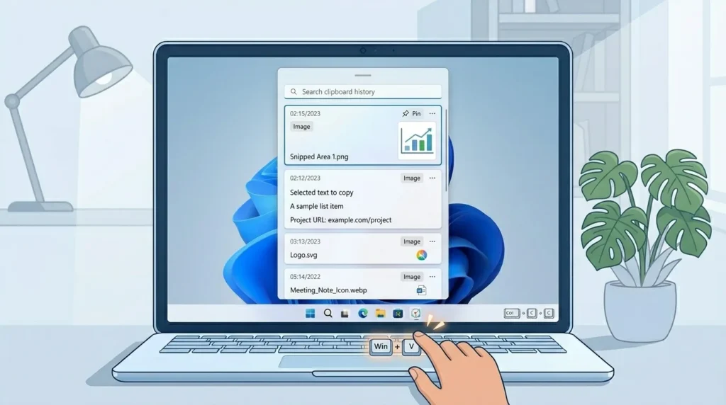Windows clipboard history panel showing multiple copied items
