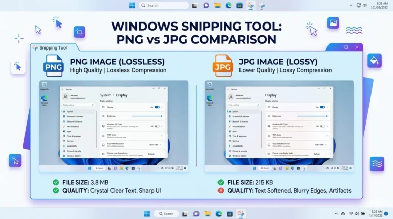 Snipping Tool PNG vs JPG comparison showing screenshot quality and file size differences