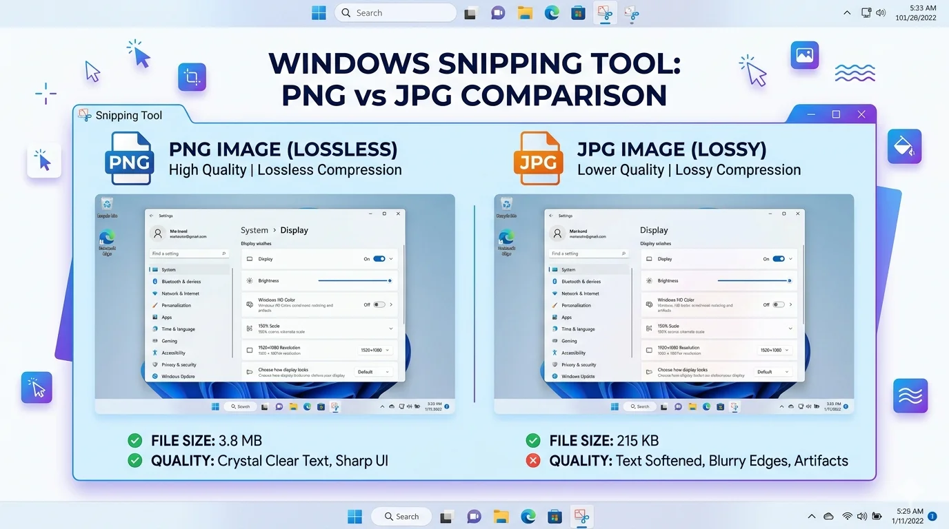 Snipping Tool PNG vs JPG comparison showing screenshot quality and file size differences