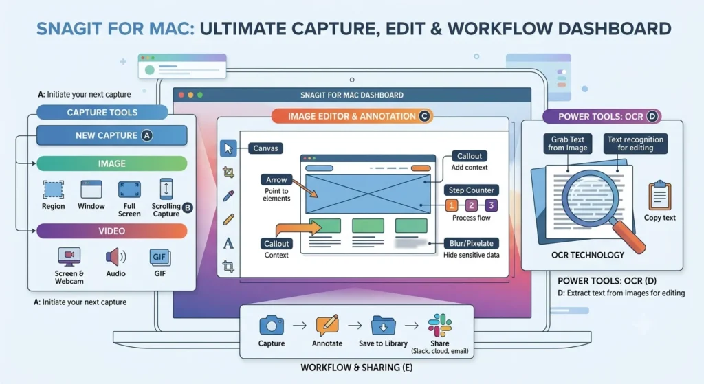 Overview of Snagit for Mac softwareSnagit combines screen capture, editing, and recording features into one platform.