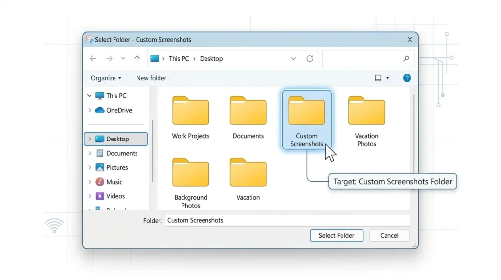 Selecting a new folder for screenshots