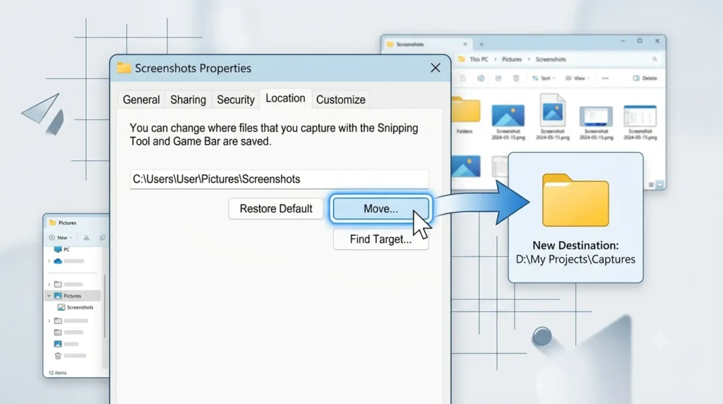 Screenshots folder location tab in Windows