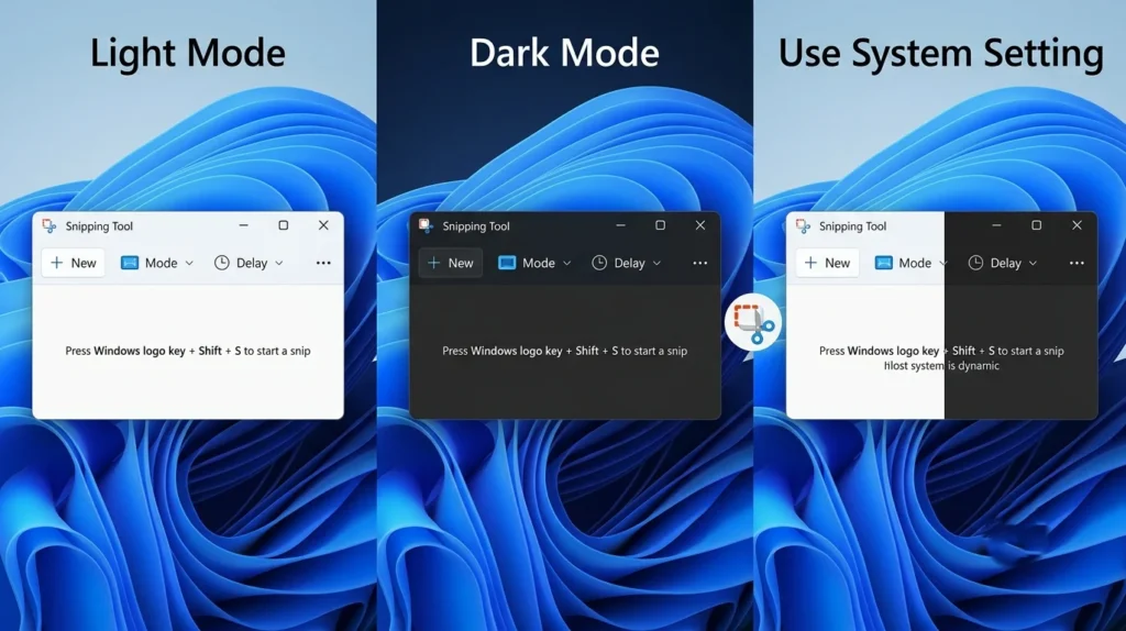 Light Mode Dark Mode and System Theme in Snipping Tool
