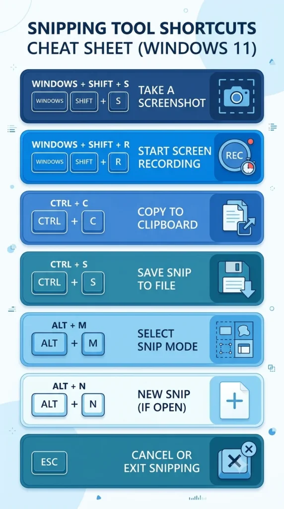 Snipping Tool keyboard shortcuts cheat sheet