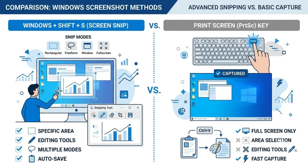 Windows Shift S versus Print Screen comparison