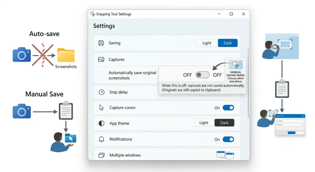 Disable automatic screenshot saving in Snipping Tool