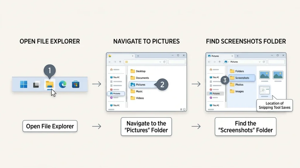 How to find Snipping Tool screenshots in Pictures Screenshots folder