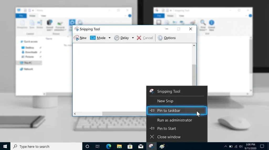 Snipping Tool open on Windows 10 with taskbar icon selected