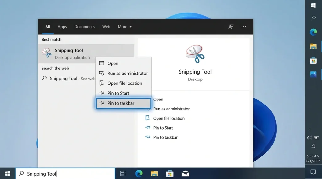 Windows 10 Search showing Snipping Tool with Pin to taskbar option