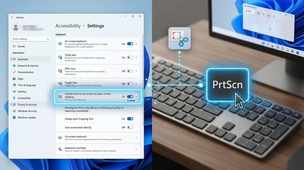 Print Screen setting for Snipping Tool in Windows 11