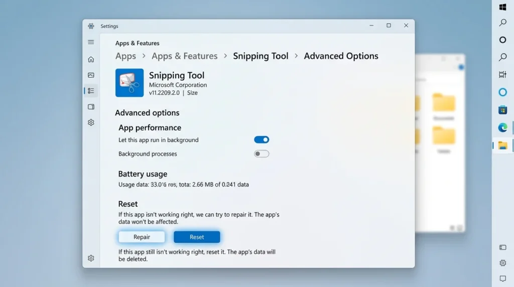 Repair and Reset Snipping Tool Windows 10