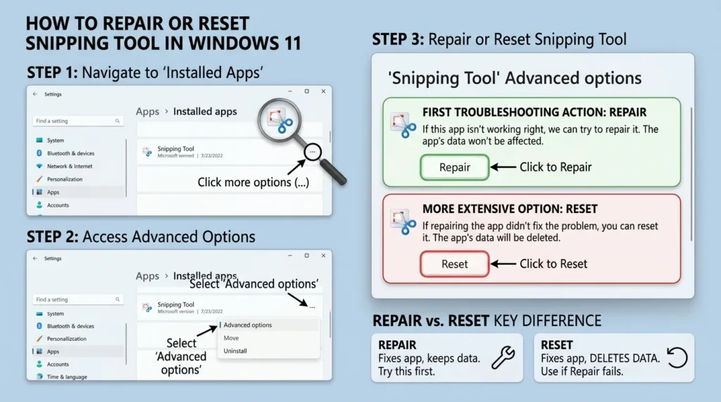 Repair and reset Snipping Tool in Windows 11