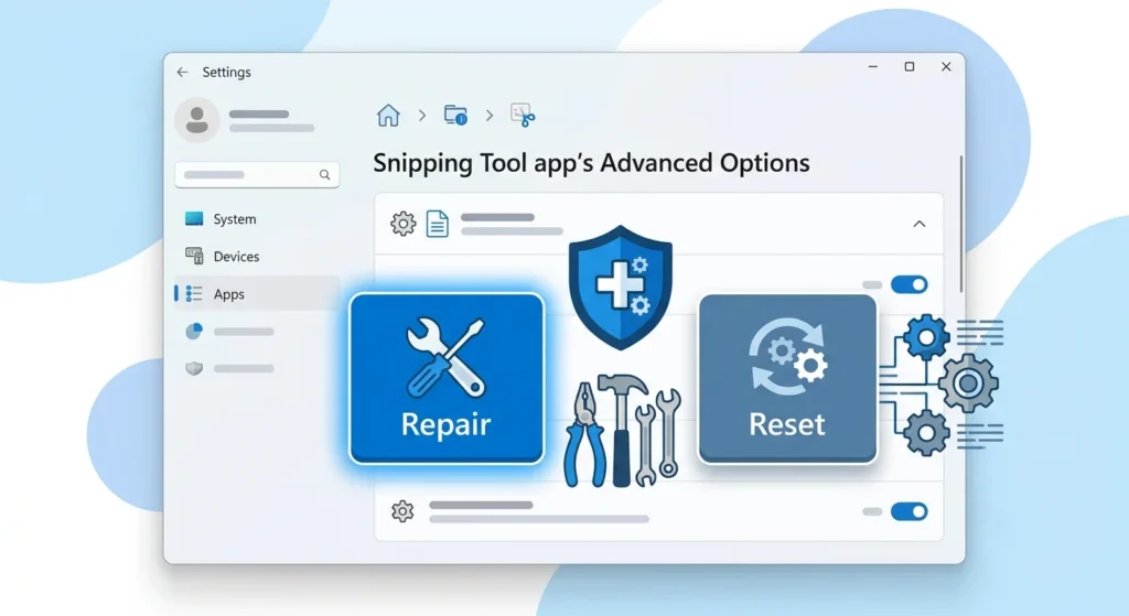 Repairing or resetting the Snipping Tool in Windows Settings.