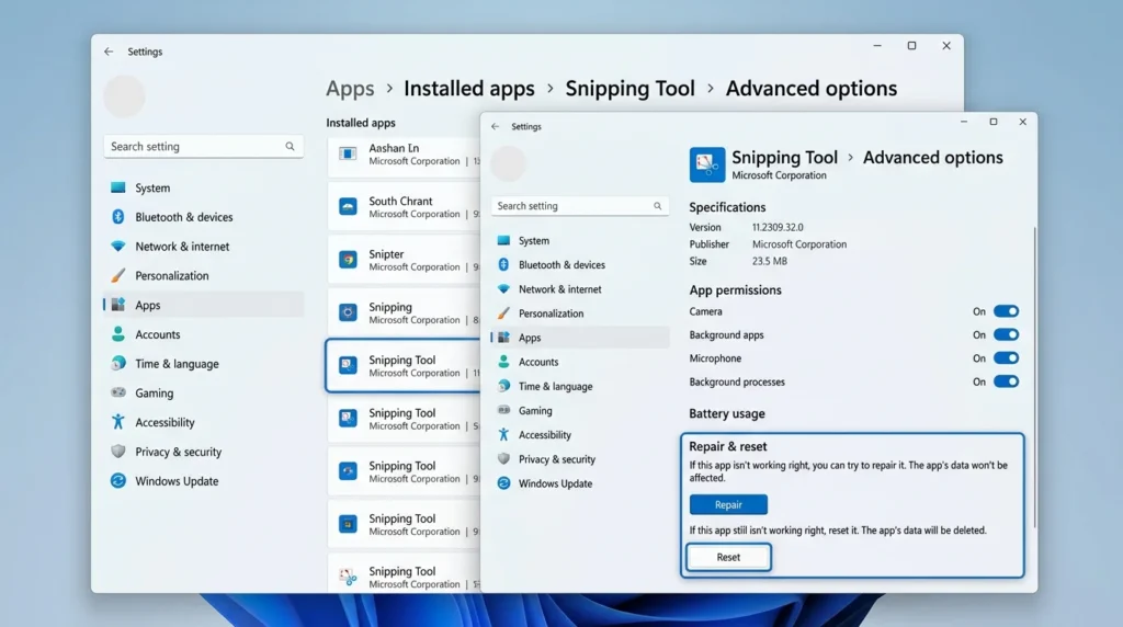 Steps to reset the Snipping Tool in Windows 11