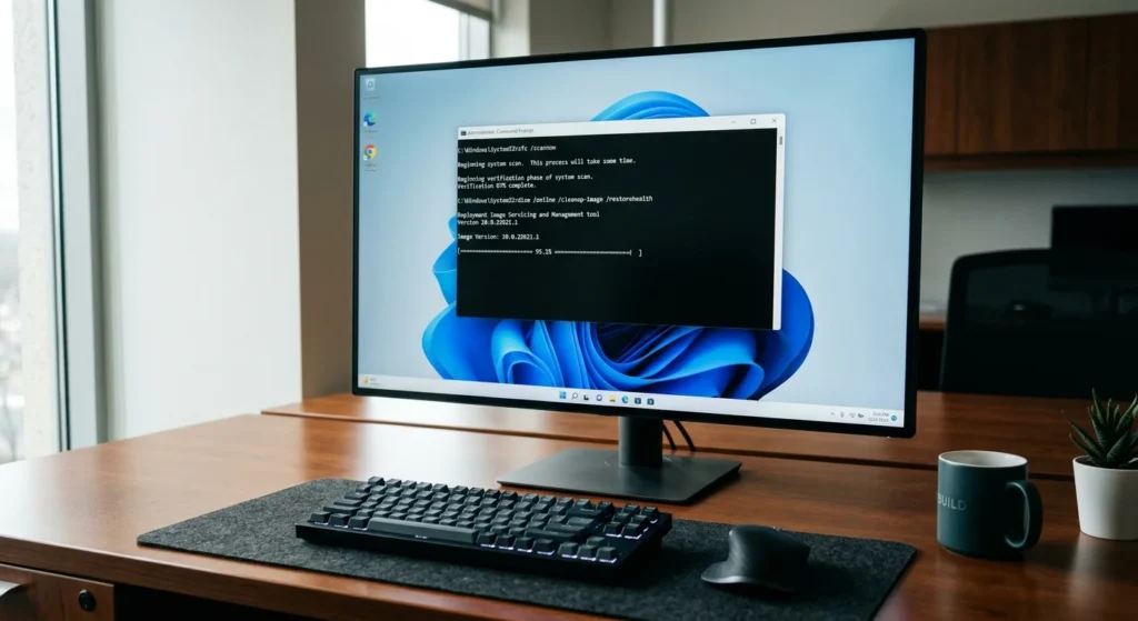 SFC and DISM repair corrupted Windows system files.