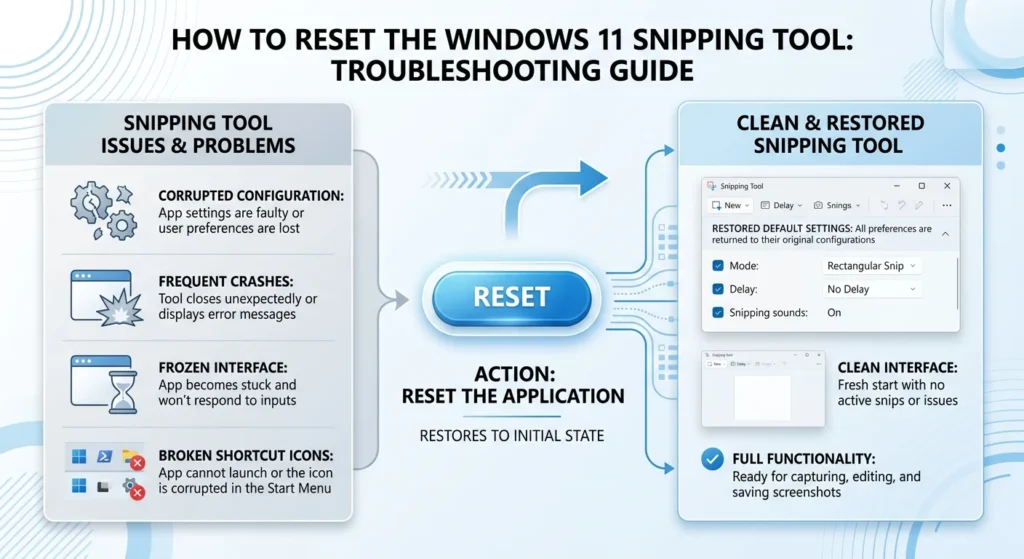 Illustration showing how resetting the Snipping Tool restores default settings