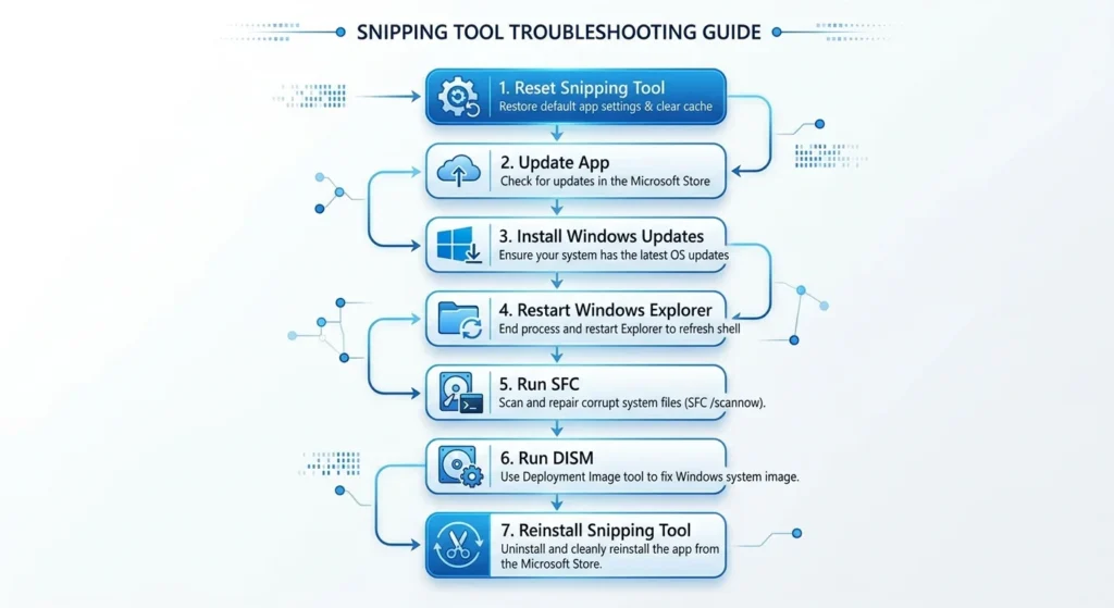 Snipping Tool troubleshooting flowchart after reset