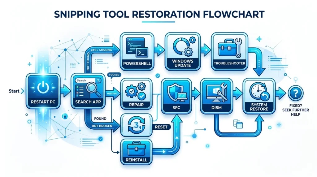 Troubleshooting flowchart for restoring the Snipping Tool
