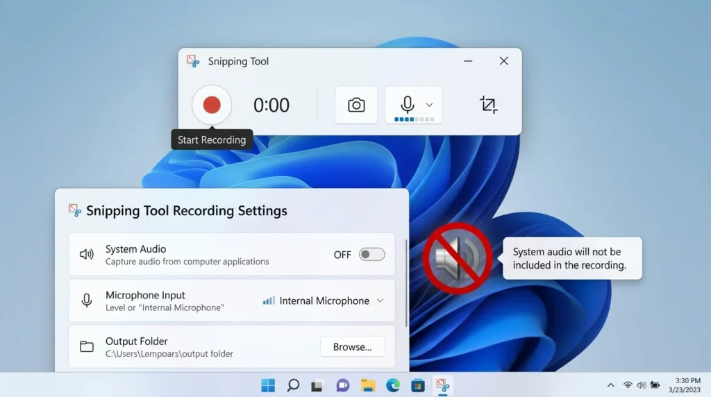 Turn off system audio in Snipping Tool screen recording