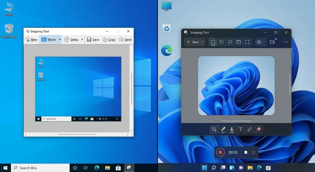 Comparison of the Snipping Tool in Windows 10 and Windows 11.